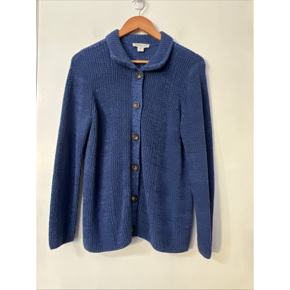 Coldwater Creek Sz M Blue cardigan Sweater Brown Button Knit Casual Grandmacore
